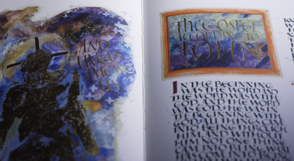 Blue, yellow and purple paint with gold foil and the words "The Gospel According to John"